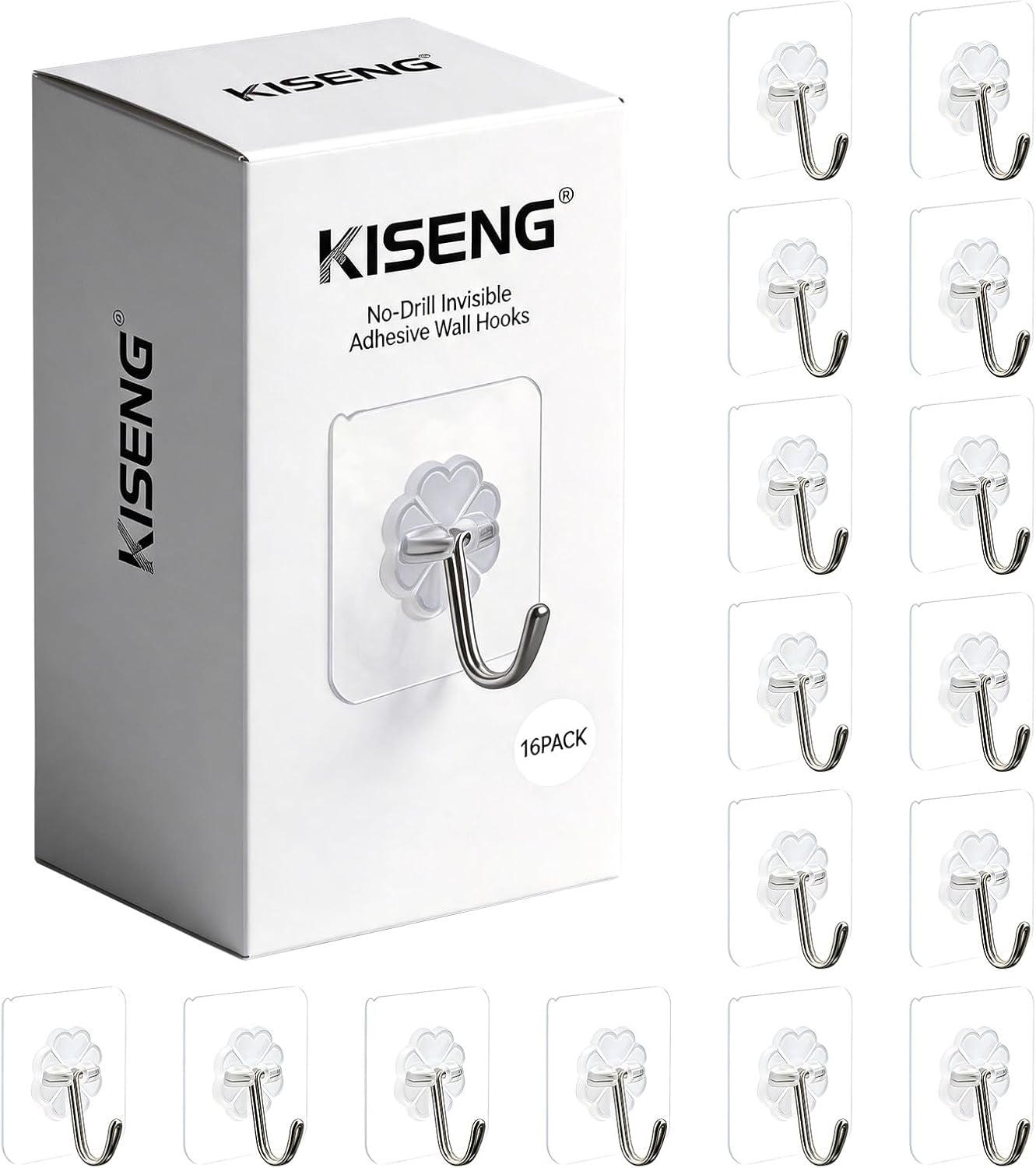 16 Pack Crystal Clear Adhesive Hooks for Hanging. Heavy Duty 22lb | Sticky Hooks. Invisible Clear Wall Hooks No Drill No Damage. Waterproof Shower Hooks for Bathroom Kitchen Towel Keys