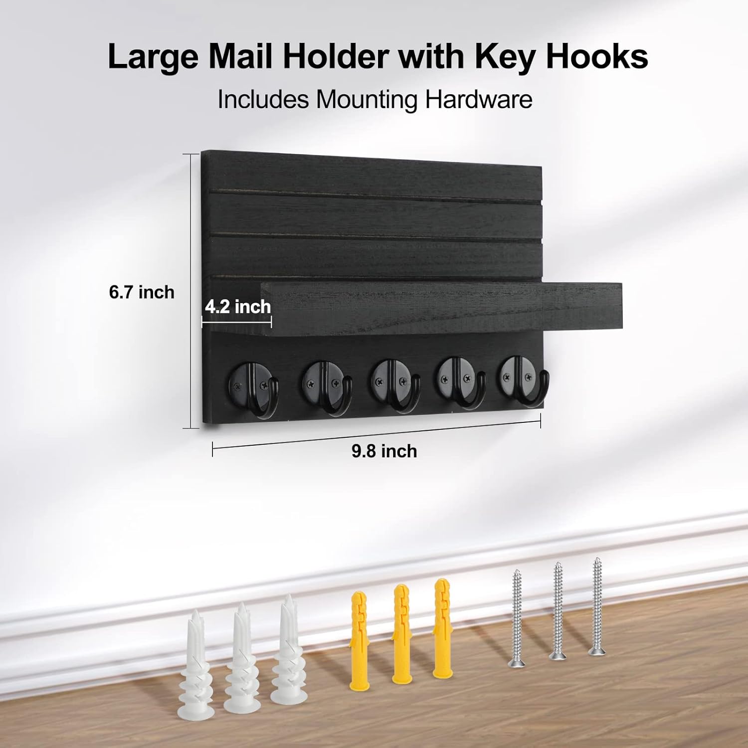 Lwenki Key Holder for Wall. Decorative Key and Mail Holder with Shelf Has Large Hooks for Bags. Coats. Umbrella – Paulownia Wood Key Hanger with Mounting Hardware (9.8W x 6.7H x 4.2D) - Image 7