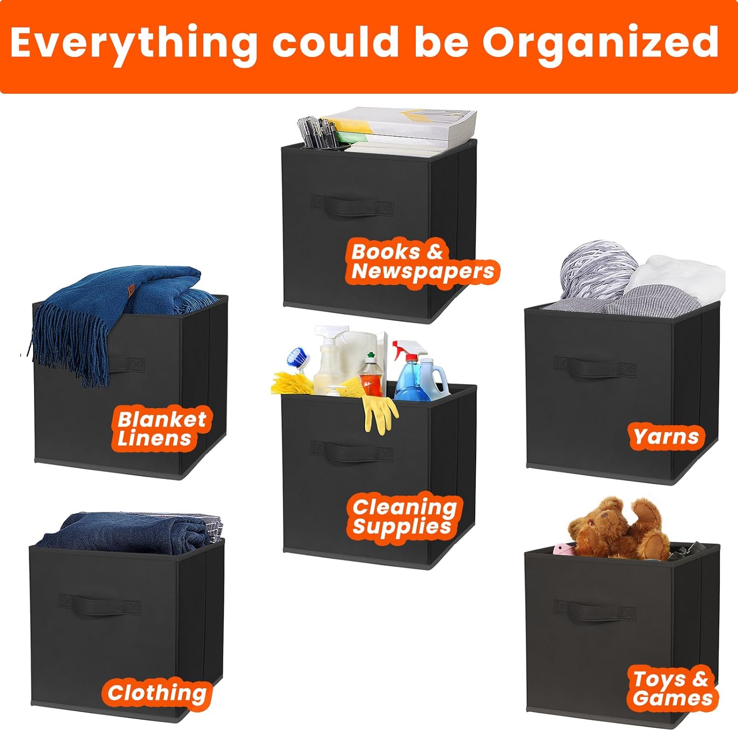 Criusia Storage Cubes. 11 Inch Clothes Storage Bins for Shelves Closet (10 Pack). Fabric Collapsible Storage Bins with Dual Handles. Cubby Storage Baskets for Magazines. Dorm Essentials (Black) - Image 4