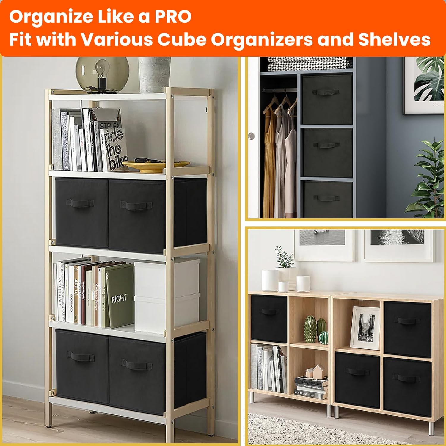 Criusia Storage Cubes. 11 Inch Clothes Storage Bins for Shelves Closet (10 Pack). Fabric Collapsible Storage Bins with Dual Handles. Cubby Storage Baskets for Magazines. Dorm Essentials (Black) - Image 3