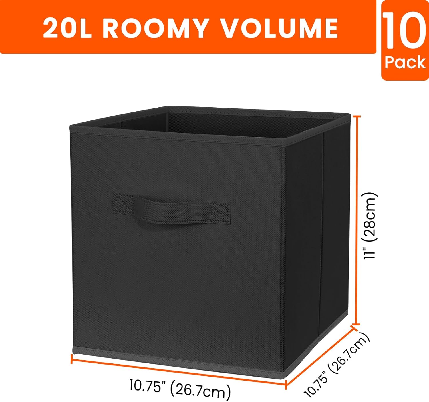 Criusia Storage Cubes. 11 Inch Clothes Storage Bins for Shelves Closet (10 Pack). Fabric Collapsible Storage Bins with Dual Handles. Cubby Storage Baskets for Magazines. Dorm Essentials (Black) - Image 2