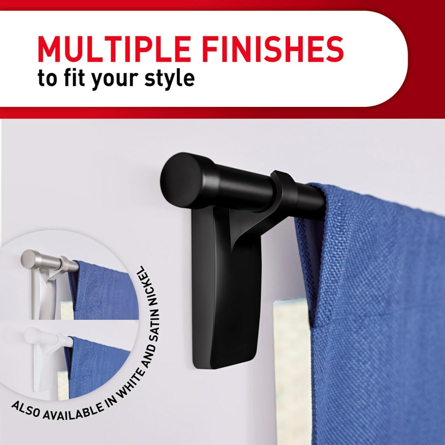 Command 10 lb Matte Black Curtain Rod Hooks. 2 Hooks and 4 Strips. No Drilling Back to School Dorm Organizers. Use with Rod Diameters 0.5-0.75 | 10 lb - Image 3