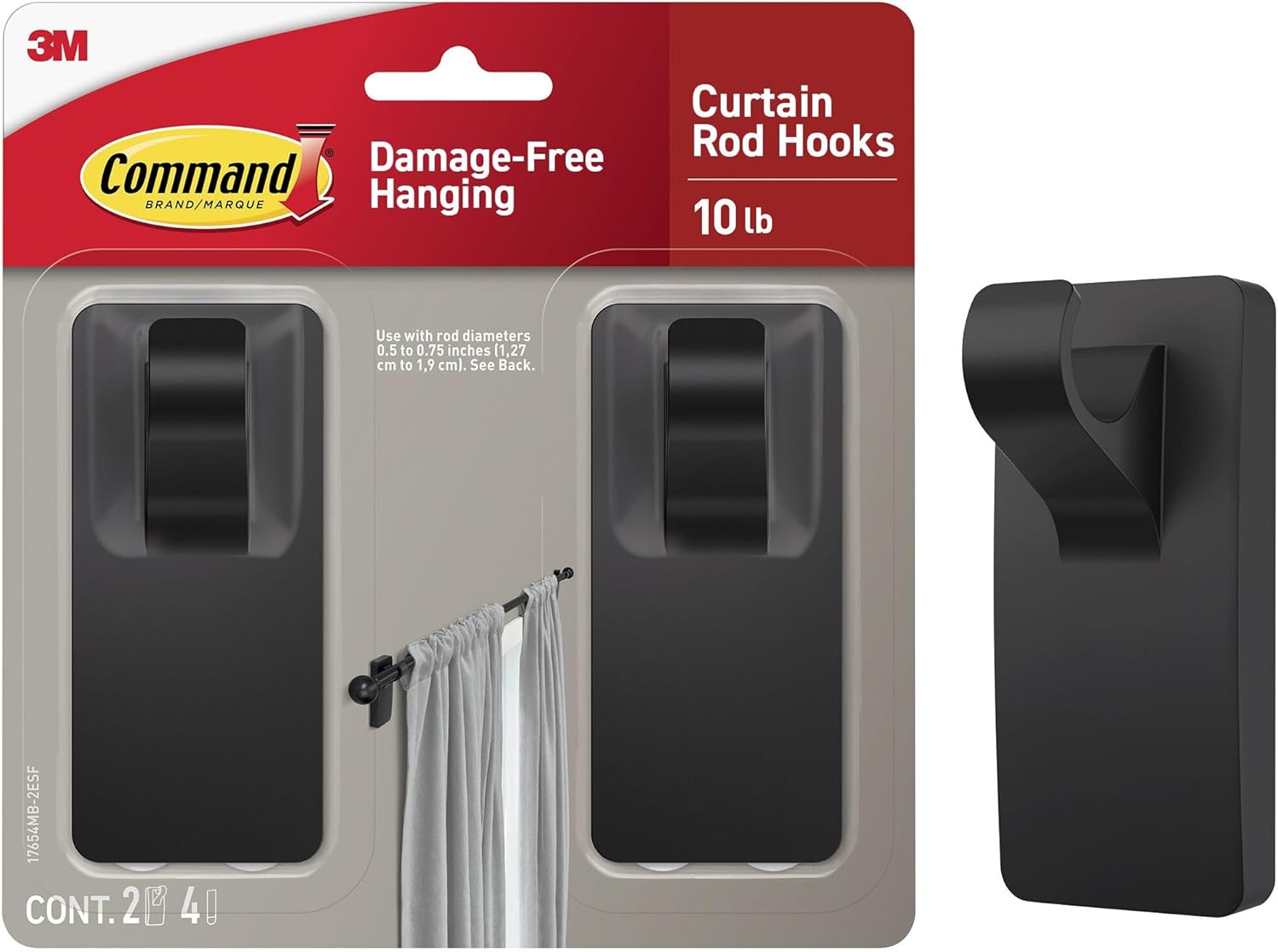 Command 10 lb Matte Black Curtain Rod Hooks. 2 Hooks and 4 Strips. No Drilling Back to School Dorm Organizers. Use with Rod Diameters 0.5-0.75 | 10 lb