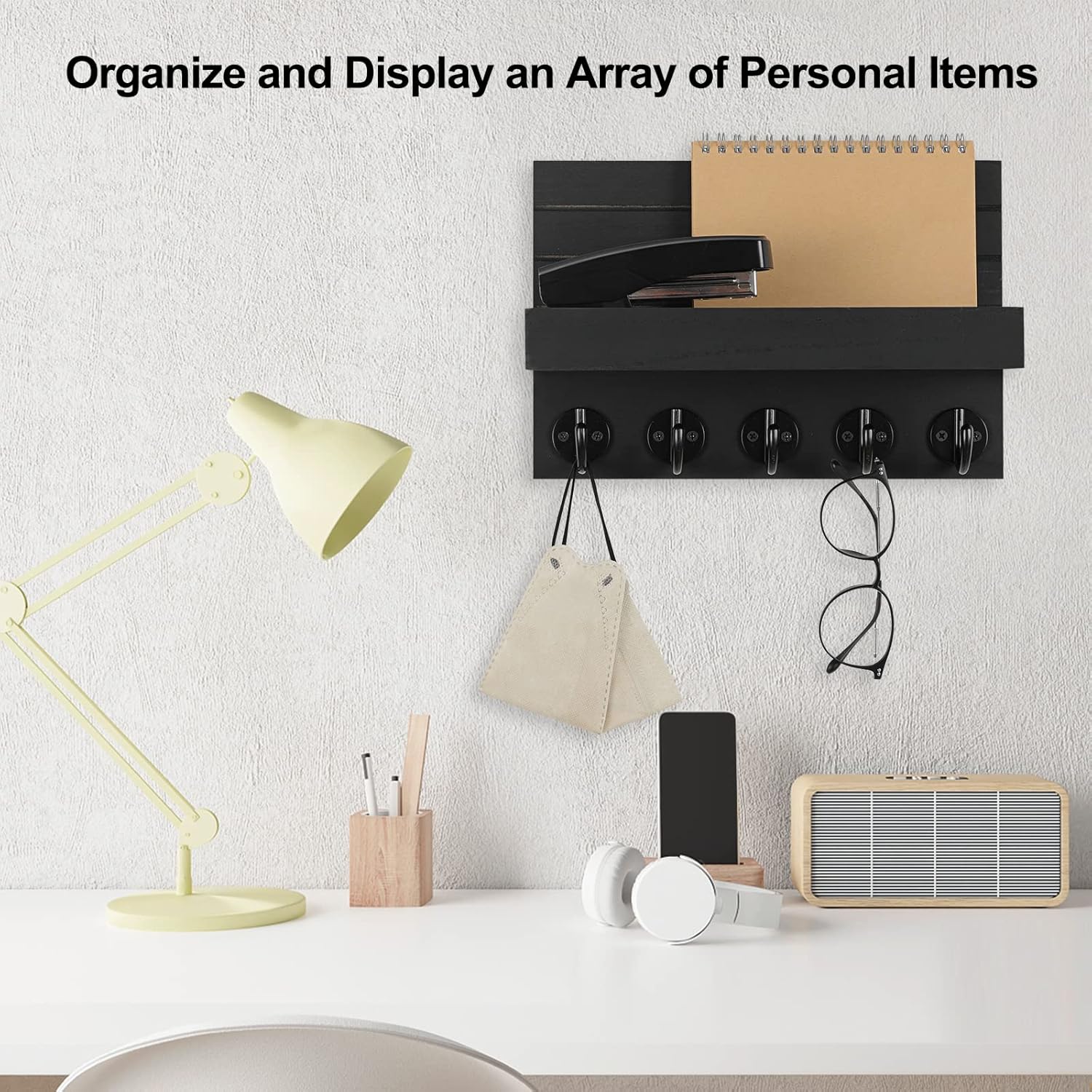Lwenki Key Holder for Wall. Decorative Key and Mail Holder with Shelf Has Large Hooks for Bags. Coats. Umbrella – Paulownia Wood Key Hanger with Mounting Hardware (9.8W x 6.7H x 4.2D) - Image 5